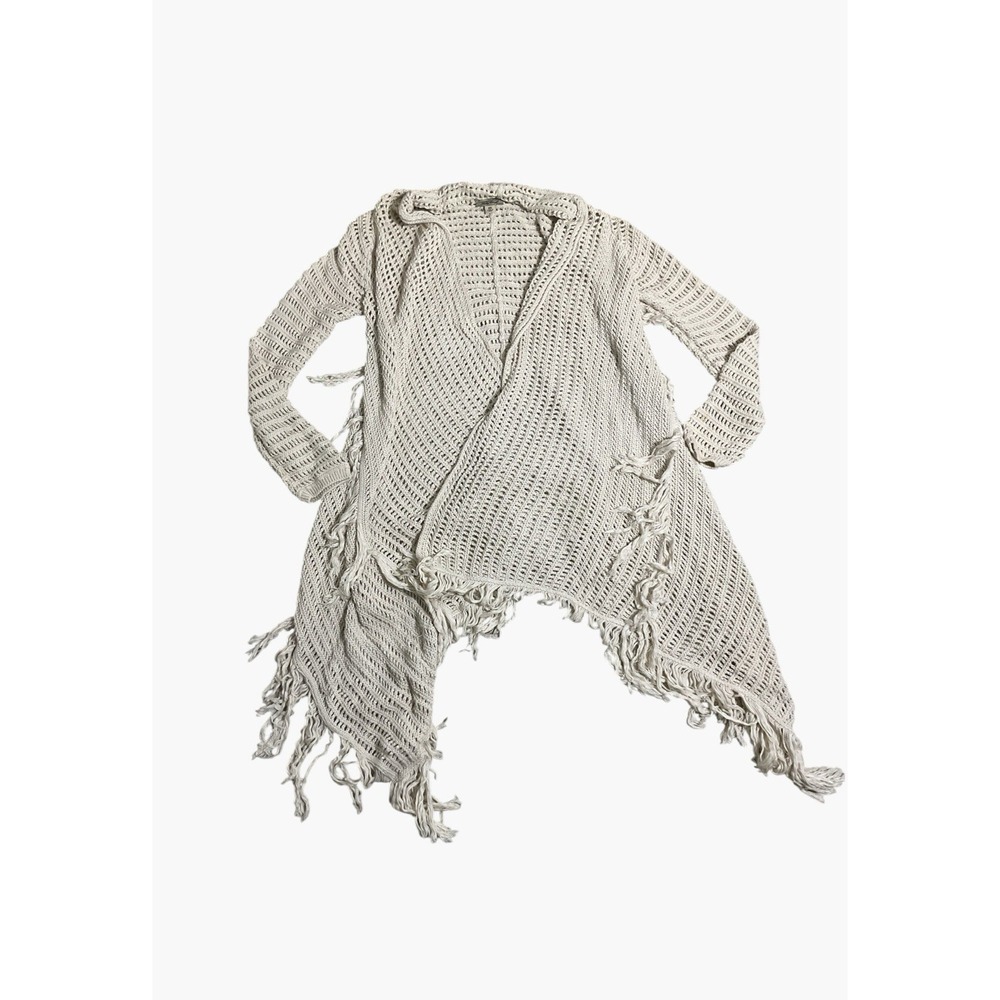 Lucky Brand Open Knit Cardigan Sweater Beige Women's XS Boho Crochet Fringe
